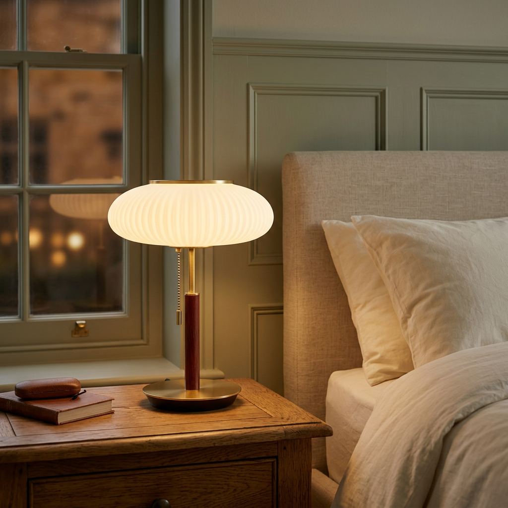 White glass bedside table lamp in a cosy UK bedroom