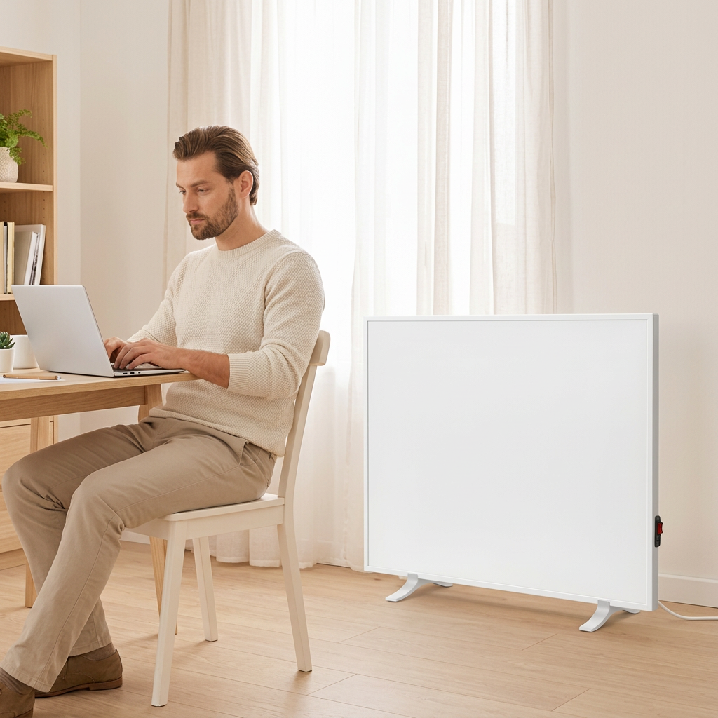 300W infrared heating panel beside a desk in a bright home office