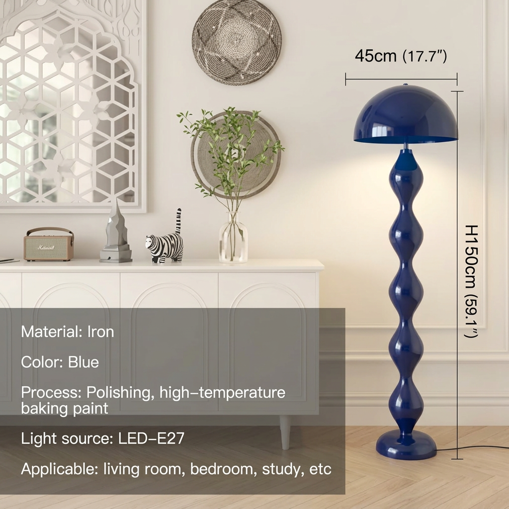 Navy blue Nordic mushroom LED floor lamp with dome shade