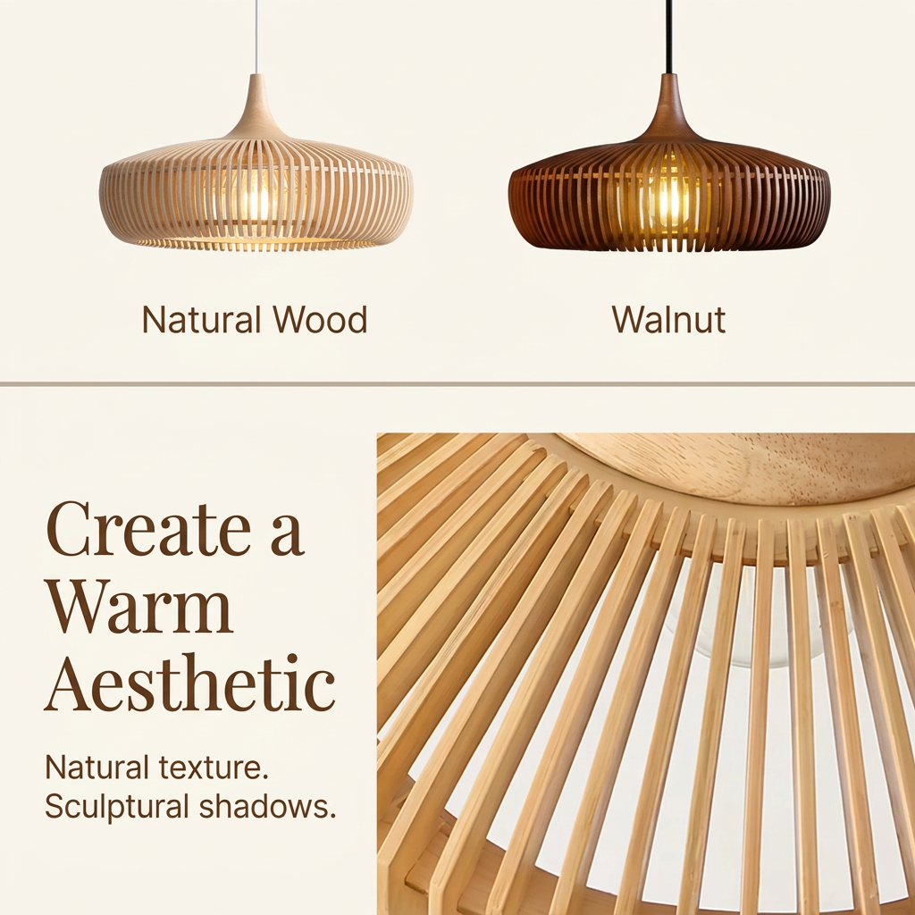 Slatted wood pendant light finishes: natural wood and walnut
