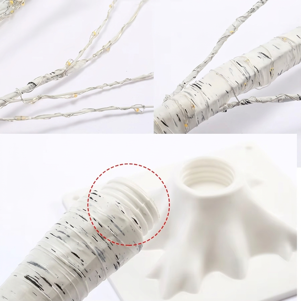 Square product detail image showing birch-effect branches and threaded base connection