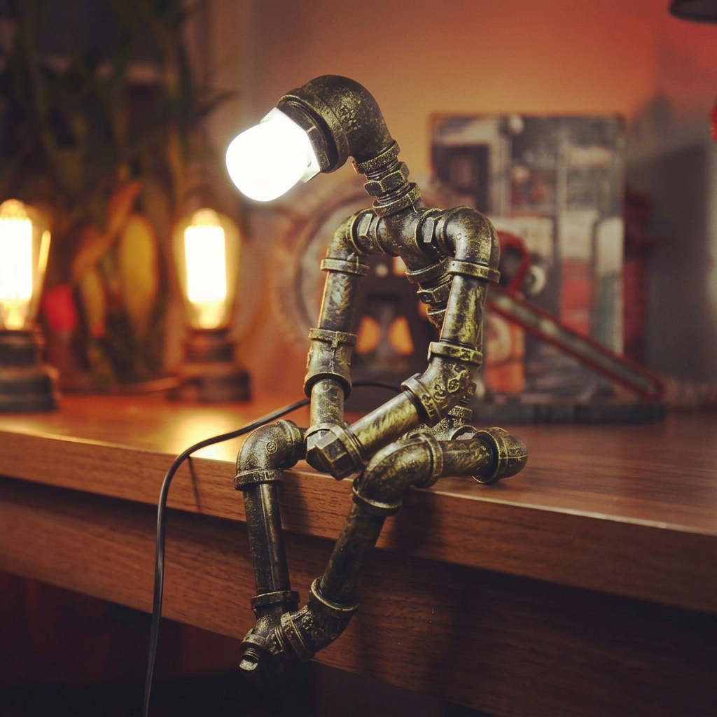 Square product image matching the left-facing robot lamp and warm workshop setting