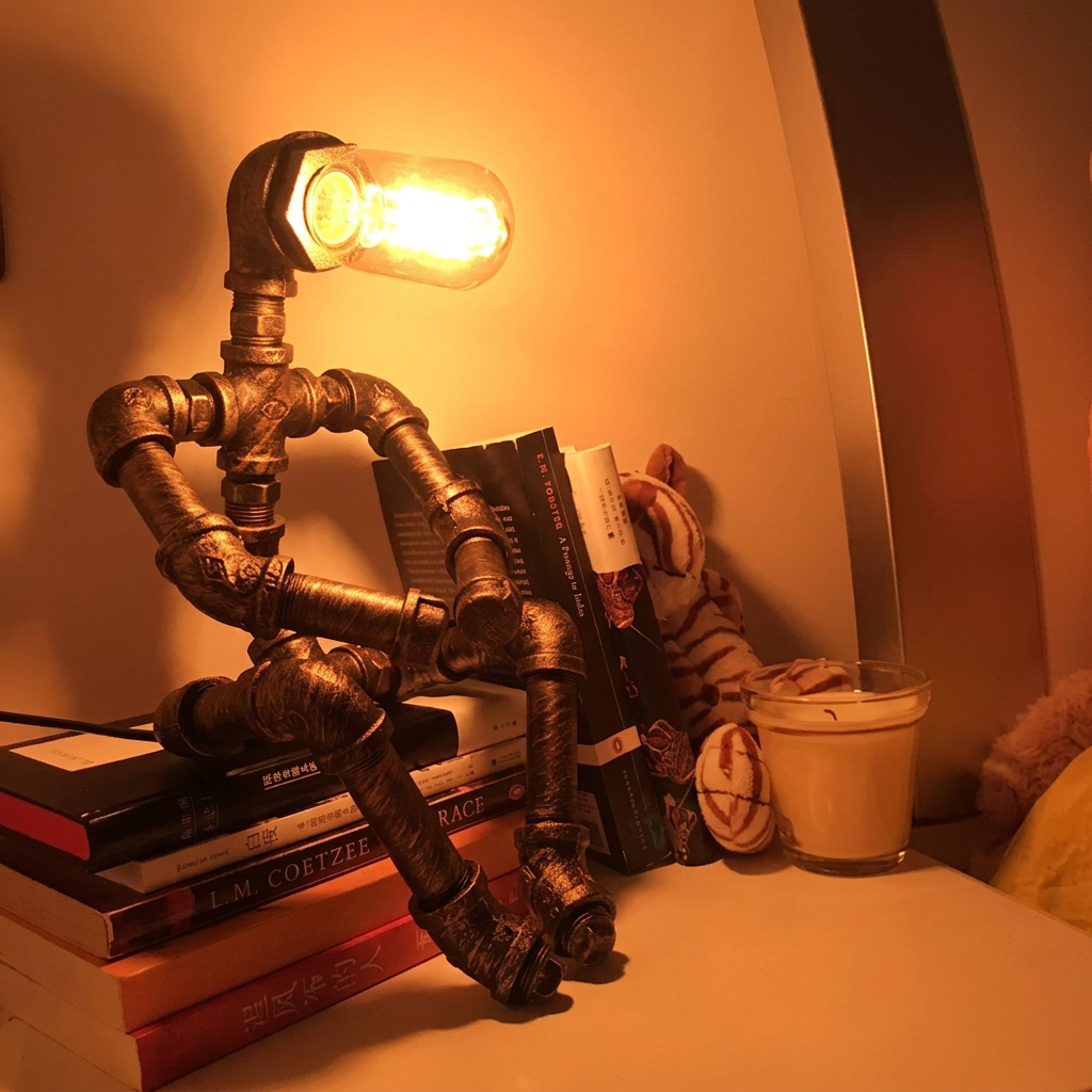 Square product image of the copper-toned robot lamp in a warm bookshelf setting