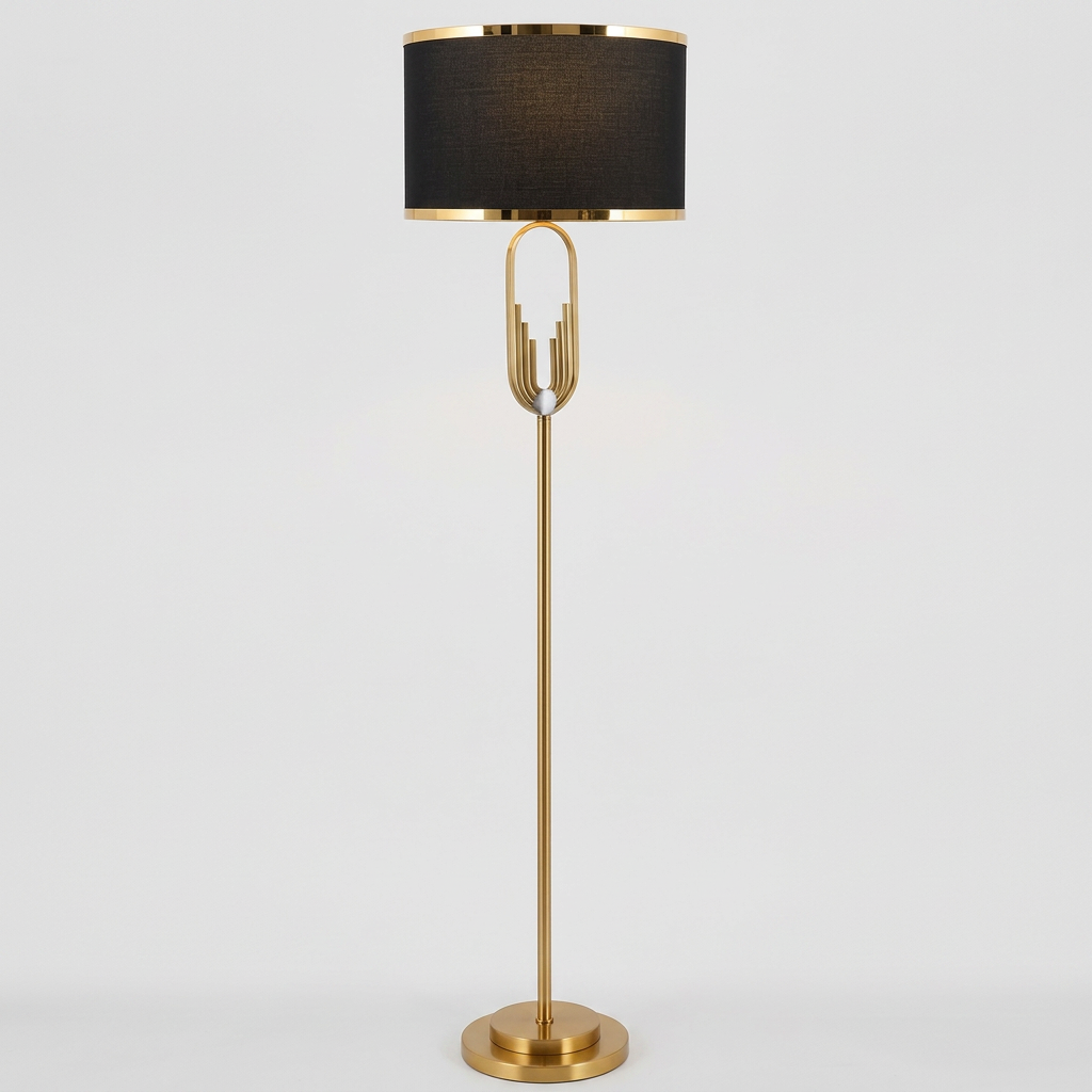 Nordic gold floor lamp with black fabric drum shade