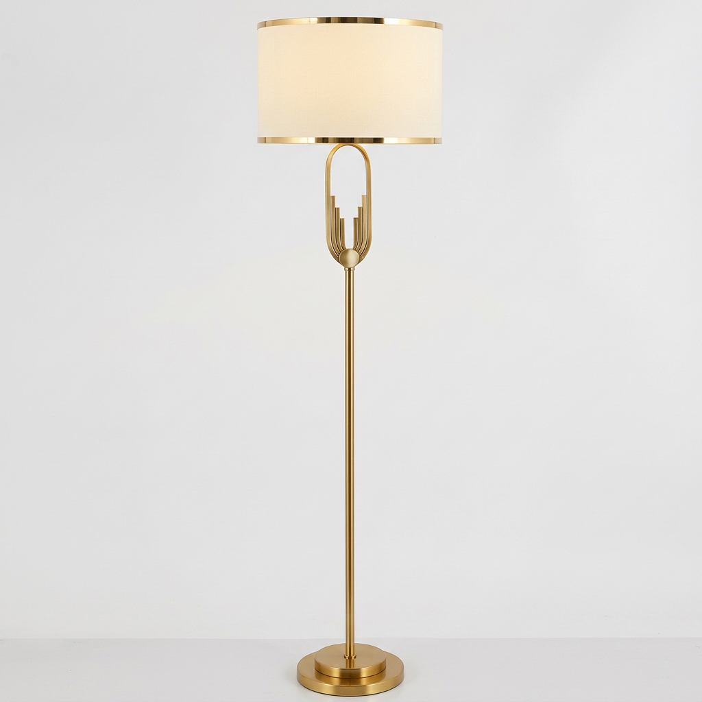 Nordic gold floor lamp with cream fabric drum shade