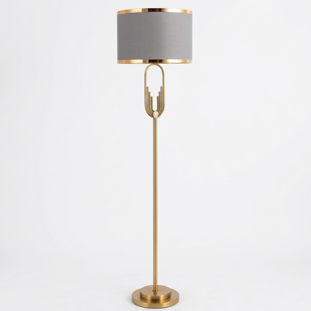 Nordic gold floor lamp with grey fabric drum shade