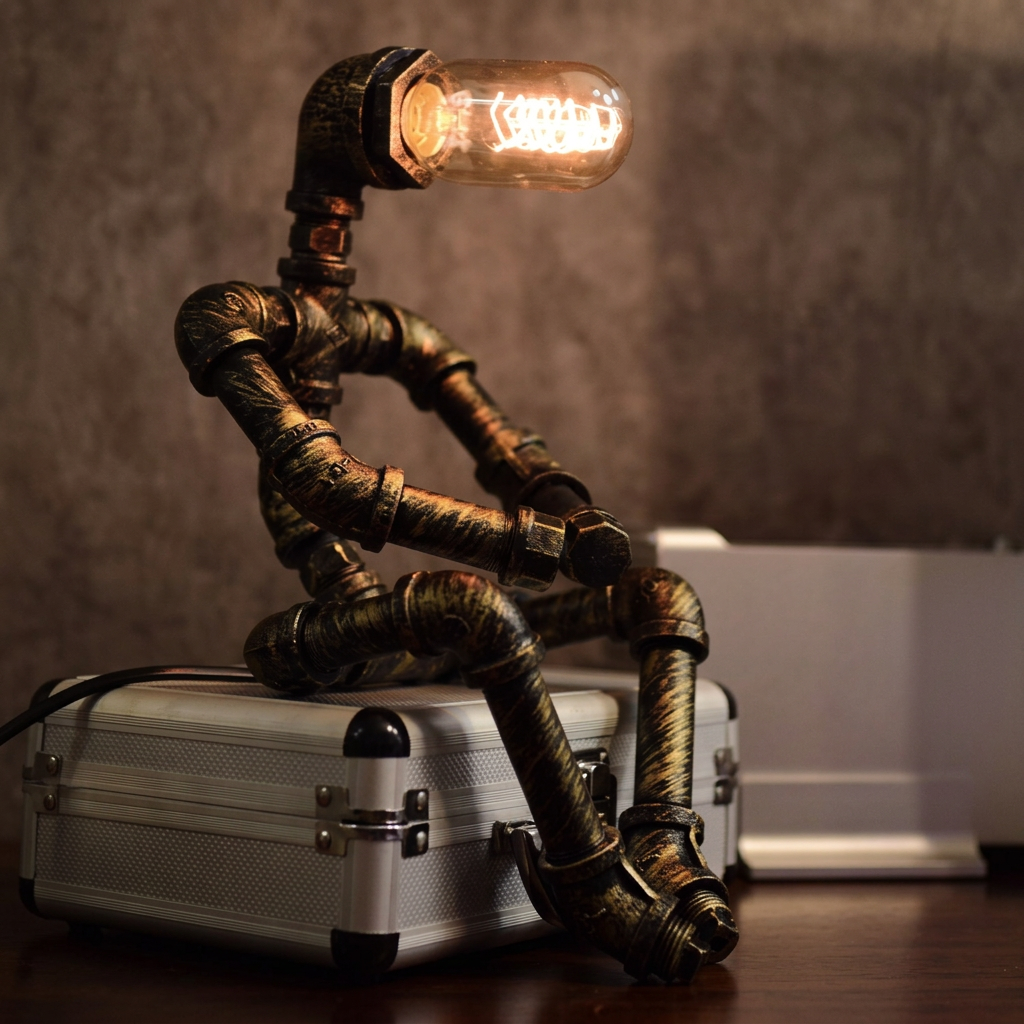 Square product image of the illuminated robot lamp seated on a silver case