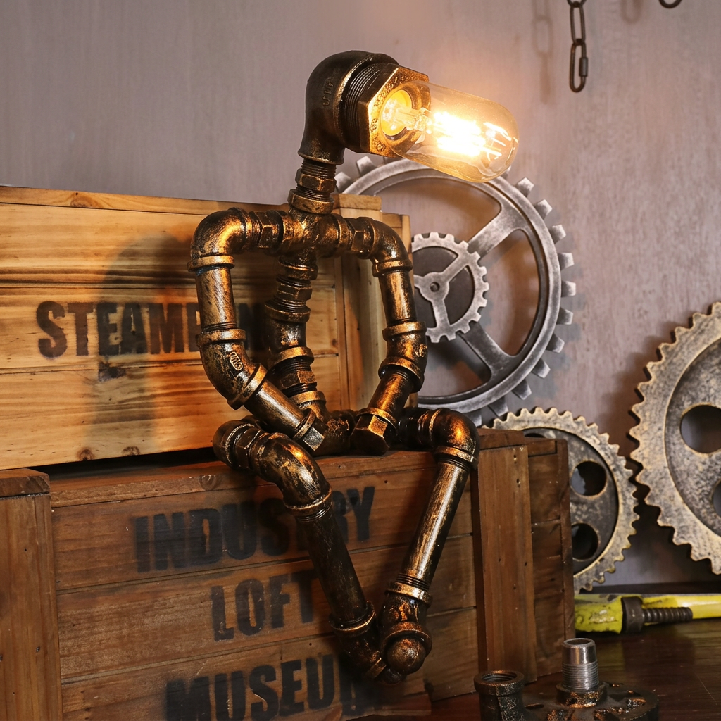 Square product image of the seated iron pipe robot lamp with warm illuminated bulb