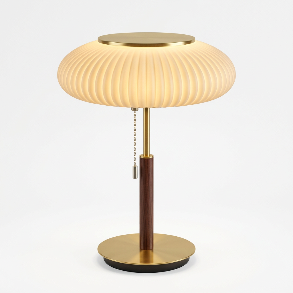 Nordic white glass table lamp switched on with warm 3000K light