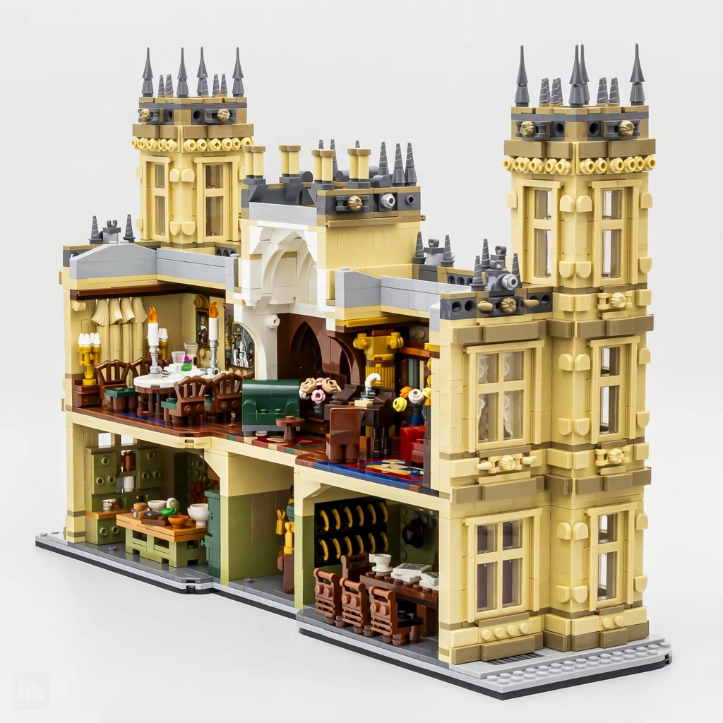 Furnished cutaway view of the abbey brick model with detailed interior rooms