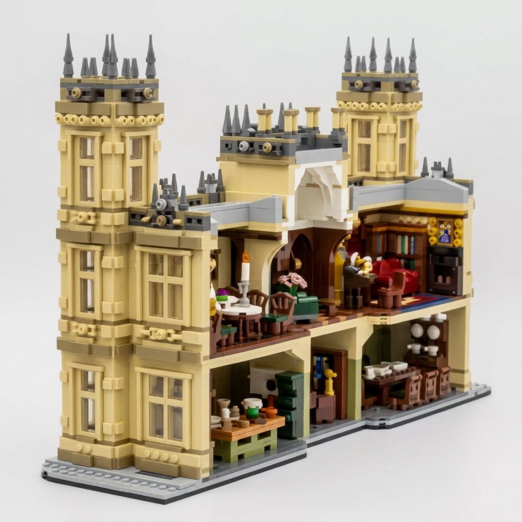 Rear view of the abbey building block model showing the open rooms inside