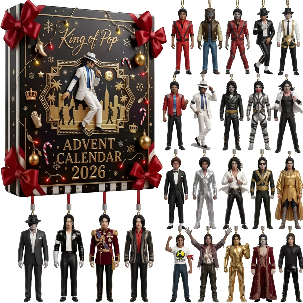 Wooden advent calendar and pop star mini figures on white background