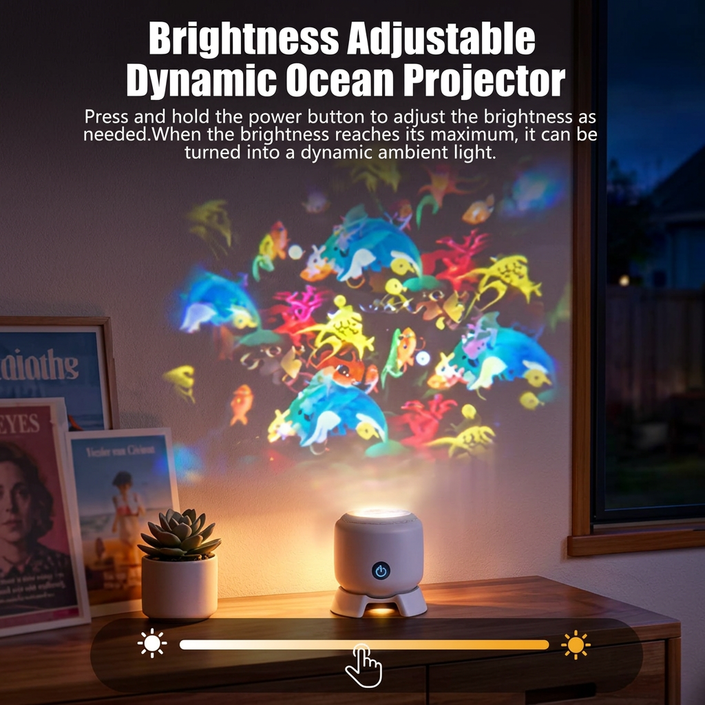 Brightness adjustable rotating projector night light dimmed to a soft glow