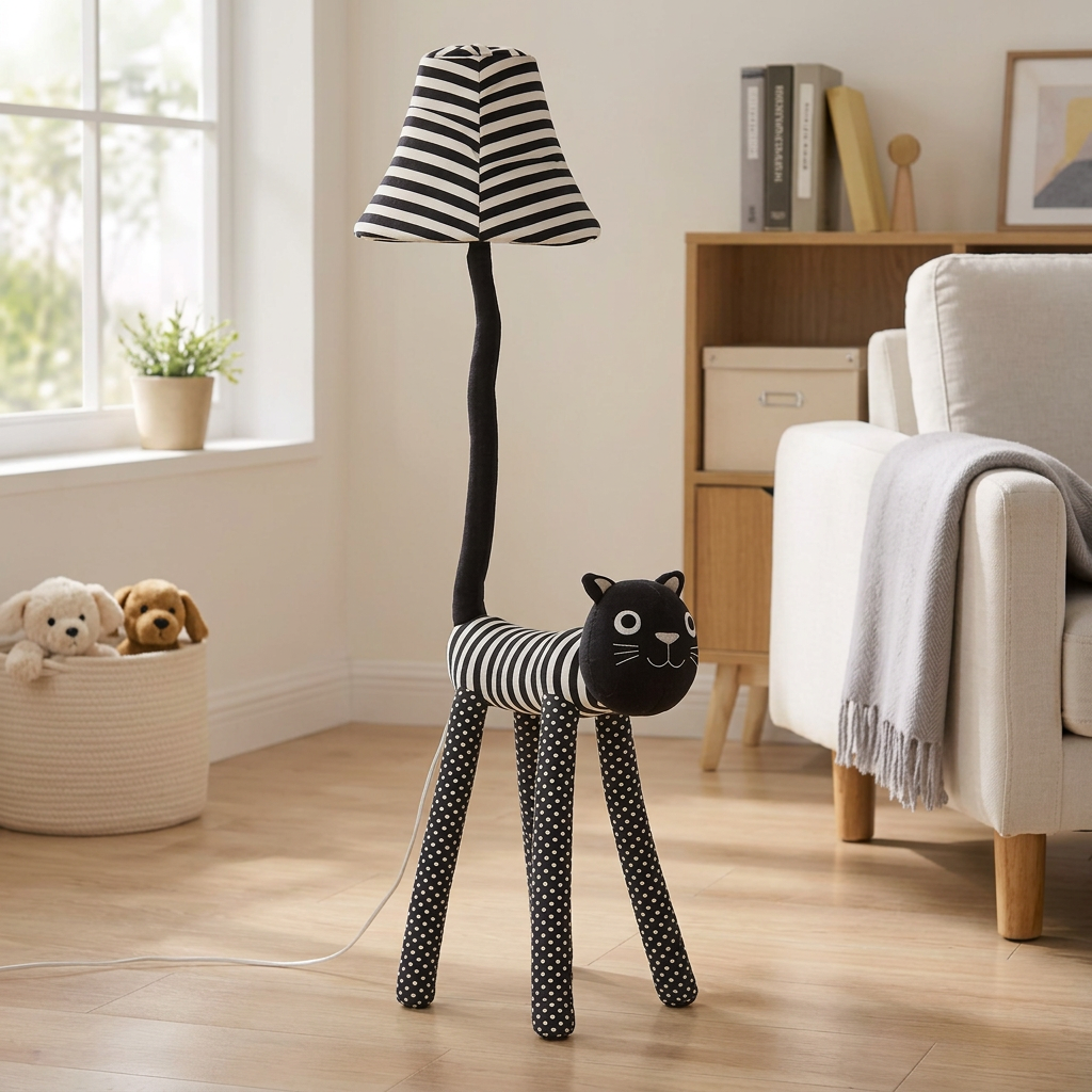 Round Dot Cat Floor Lamp with striped shade in a bright living room – Christmas gift for cat lovers