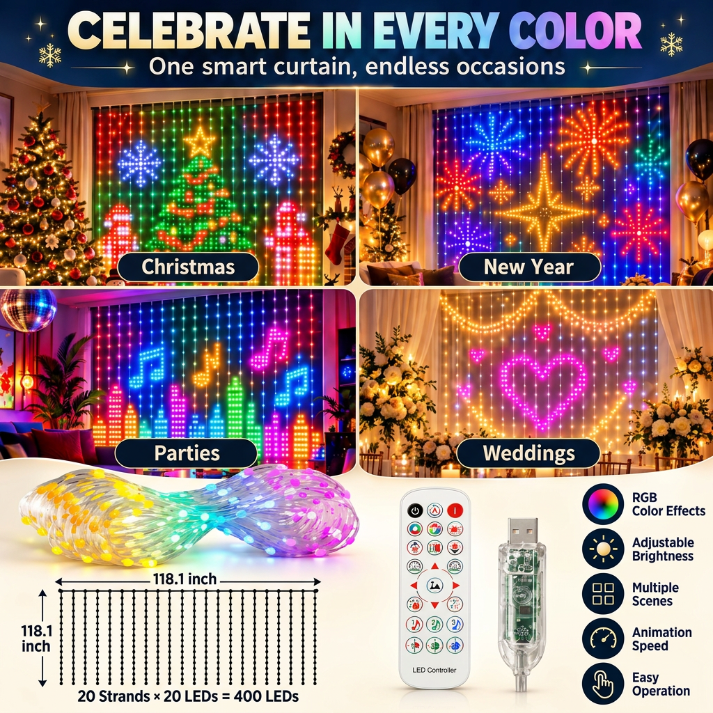 Rainbow LED curtain lights for Christmas and celebrations
