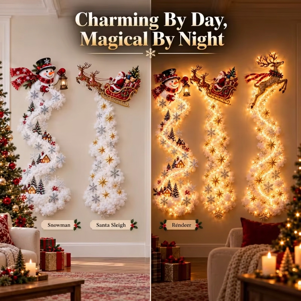 Christmas Magic Trail wall lights by day and lit at night: snowman, Santa sleigh and reindeer styles