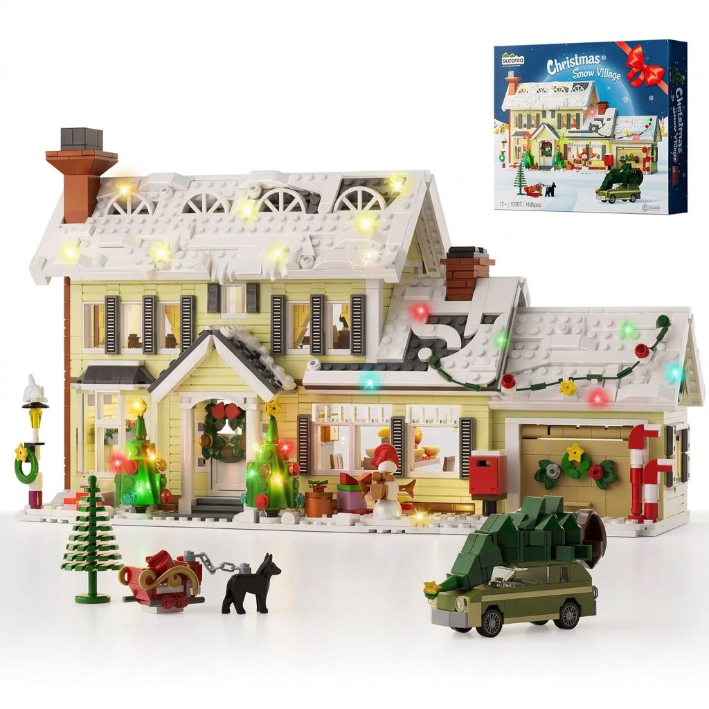 Christmas snow village house building blocks set in white – finished model