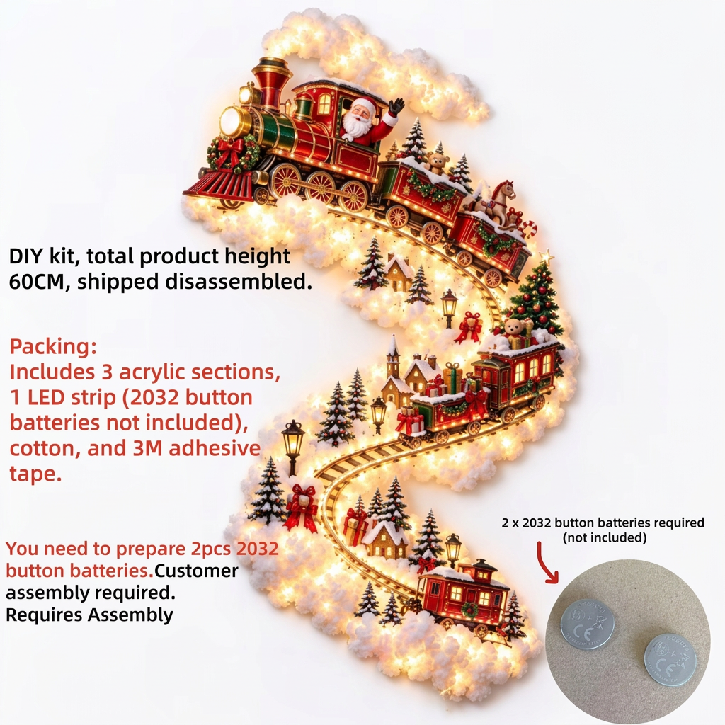 Christmas Magic Trail kit contents: 3 acrylic sections, LED strip, cotton and 3M tape, 60 cm tall, 2 x CR2032 batteries required