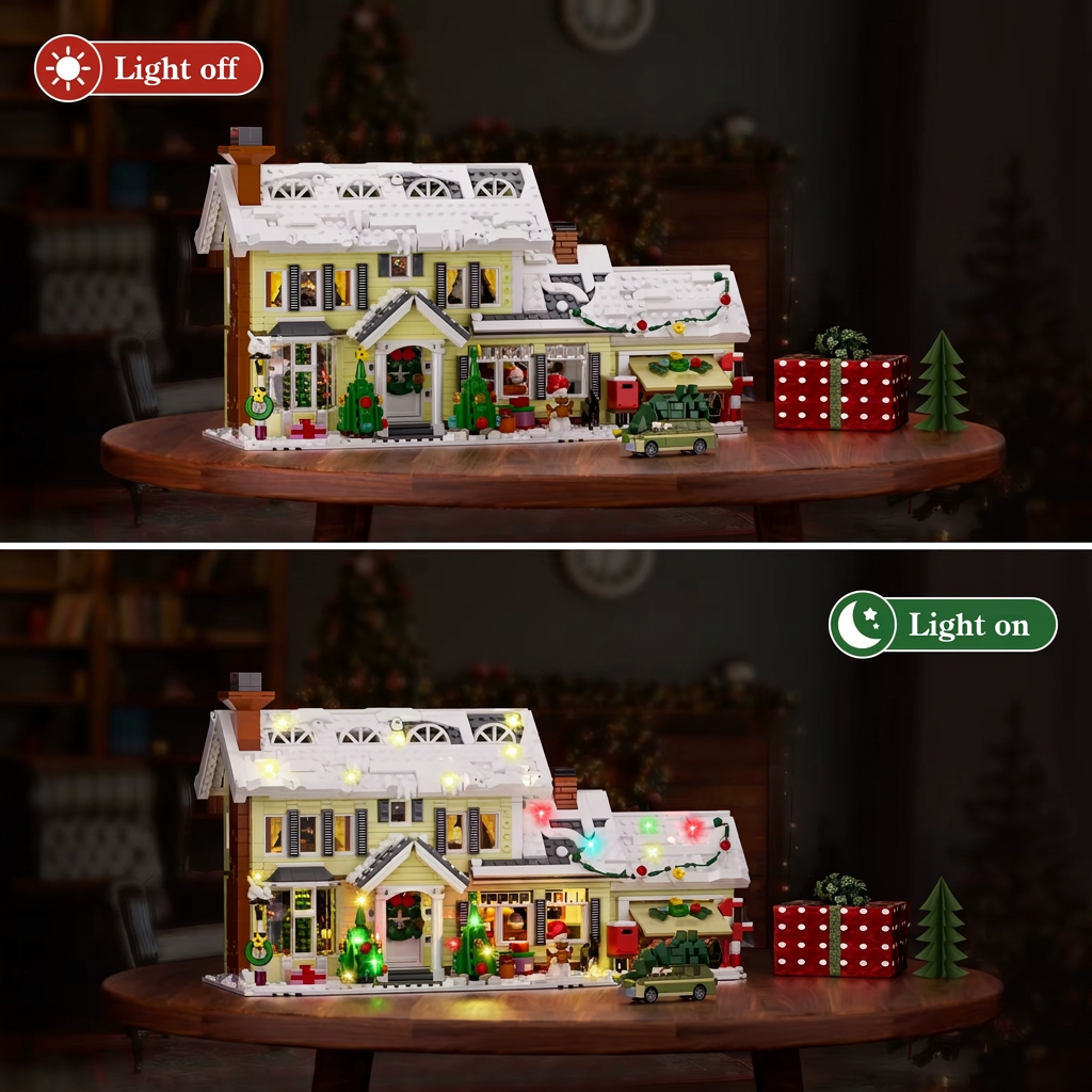 Light-up Christmas village house building set – lights off and lights on