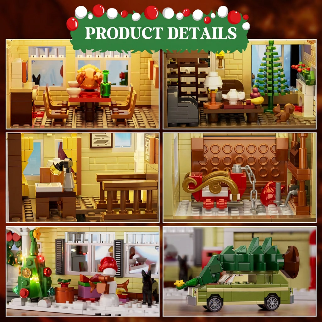 Close-up details of the Christmas snow village building blocks set