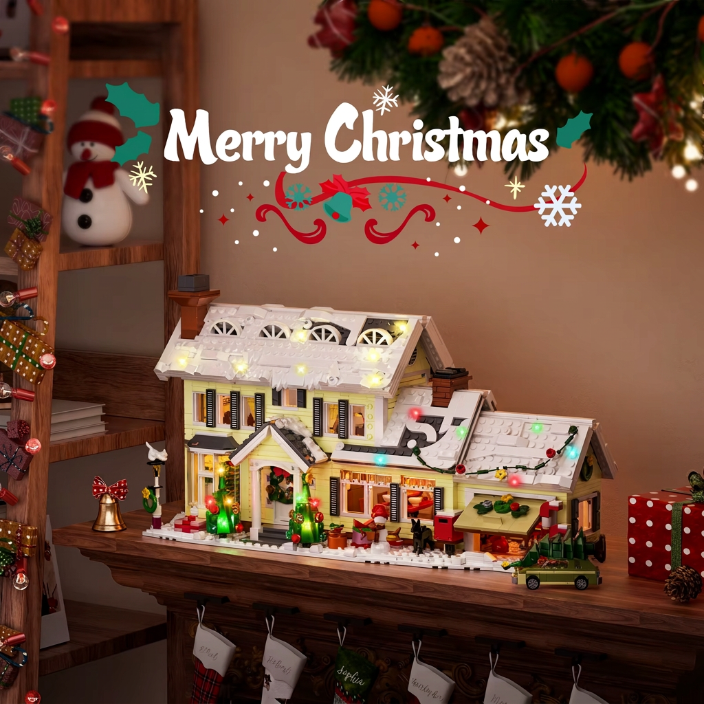 White Christmas snow village house building blocks set displayed on a festive shelf