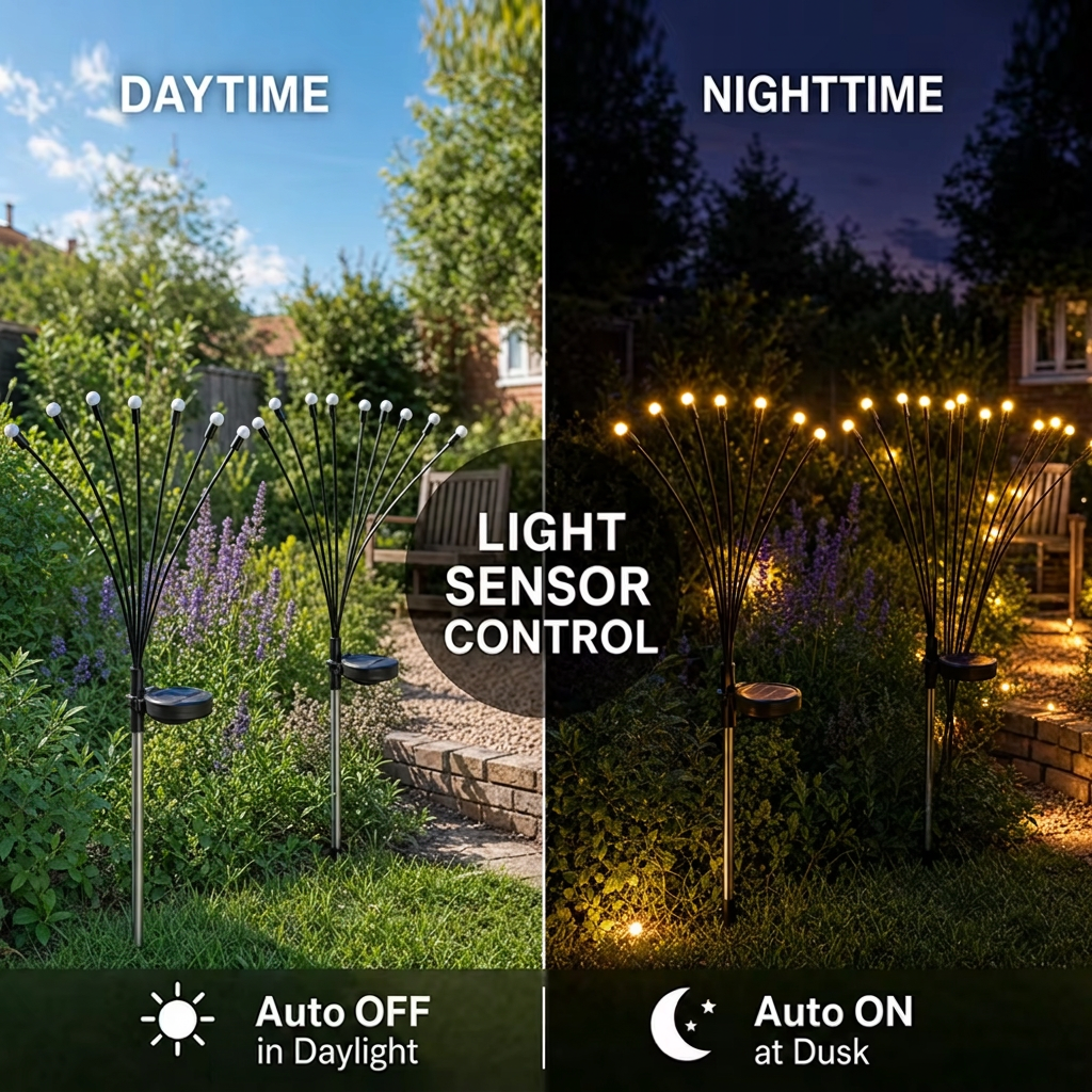 Solar firefly lights daytime and night-time – light sensor turns on at dusk, off in daylight