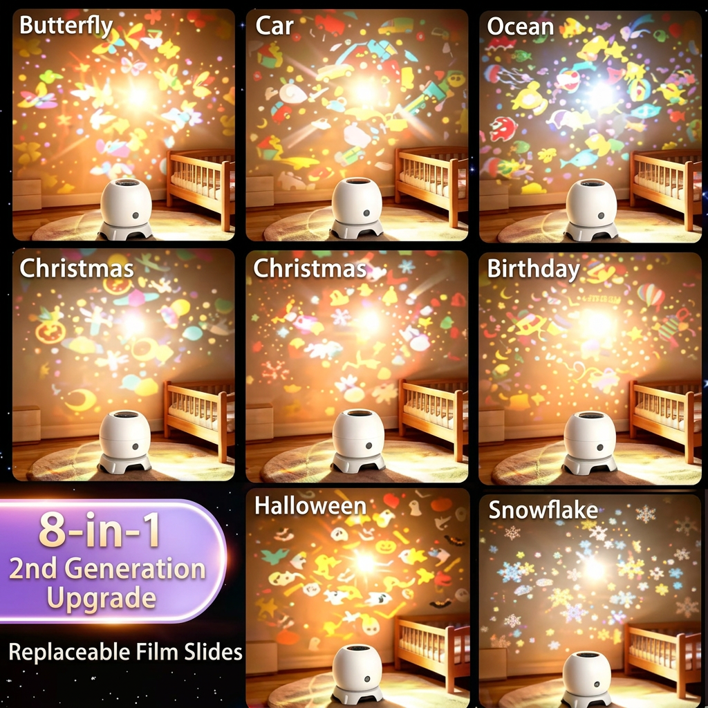 8 projection patterns – butterfly, car, ocean, Christmas, birthday, Halloween and snowflake