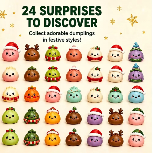 All 24 dumpling squishy designs – Santa hats, reindeer antlers, holly and scarves