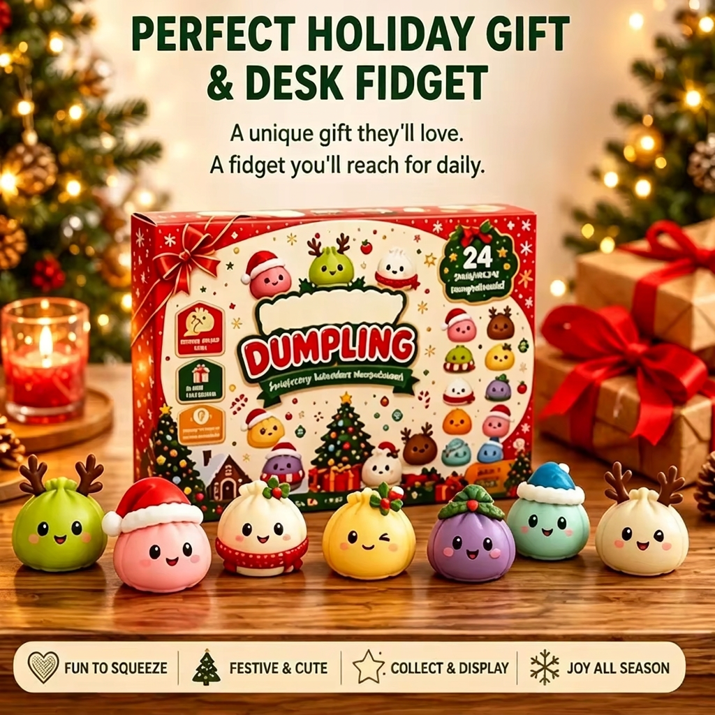 Dumpling squishy advent calendar box under a Christmas tree with squishies in front