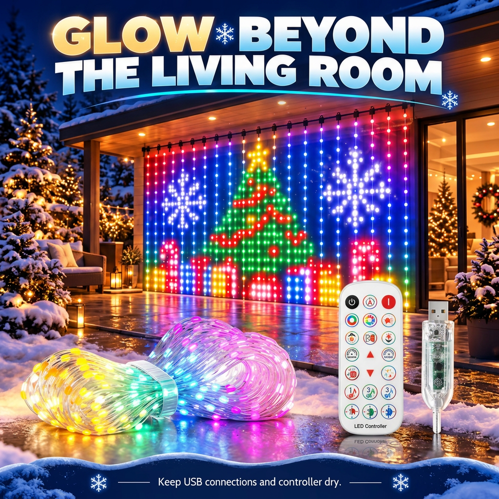 LED curtain lights decorating a bedroom wall