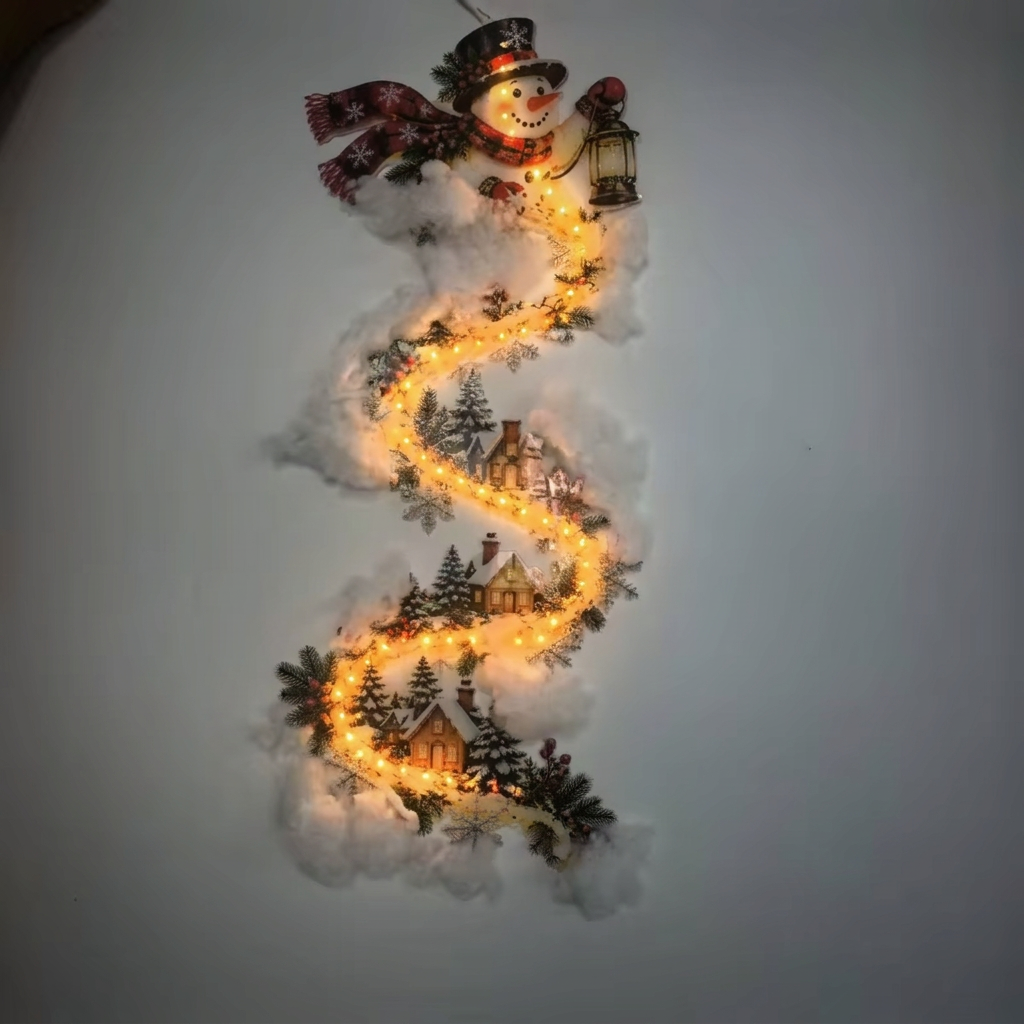 Snowman LED wall trail lit up with snowy village scene