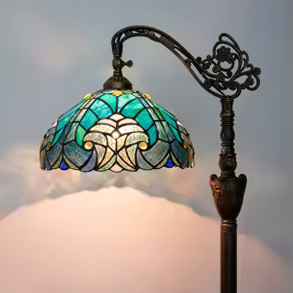 Close-up of the lit teal stained glass shade and ornate filigree gooseneck arm
