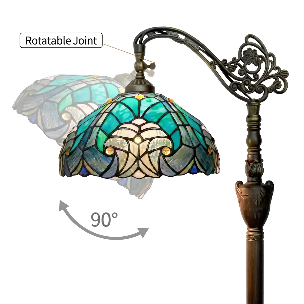 Tiffany floor lamp joint that tilts the stained glass shade through 90 degrees