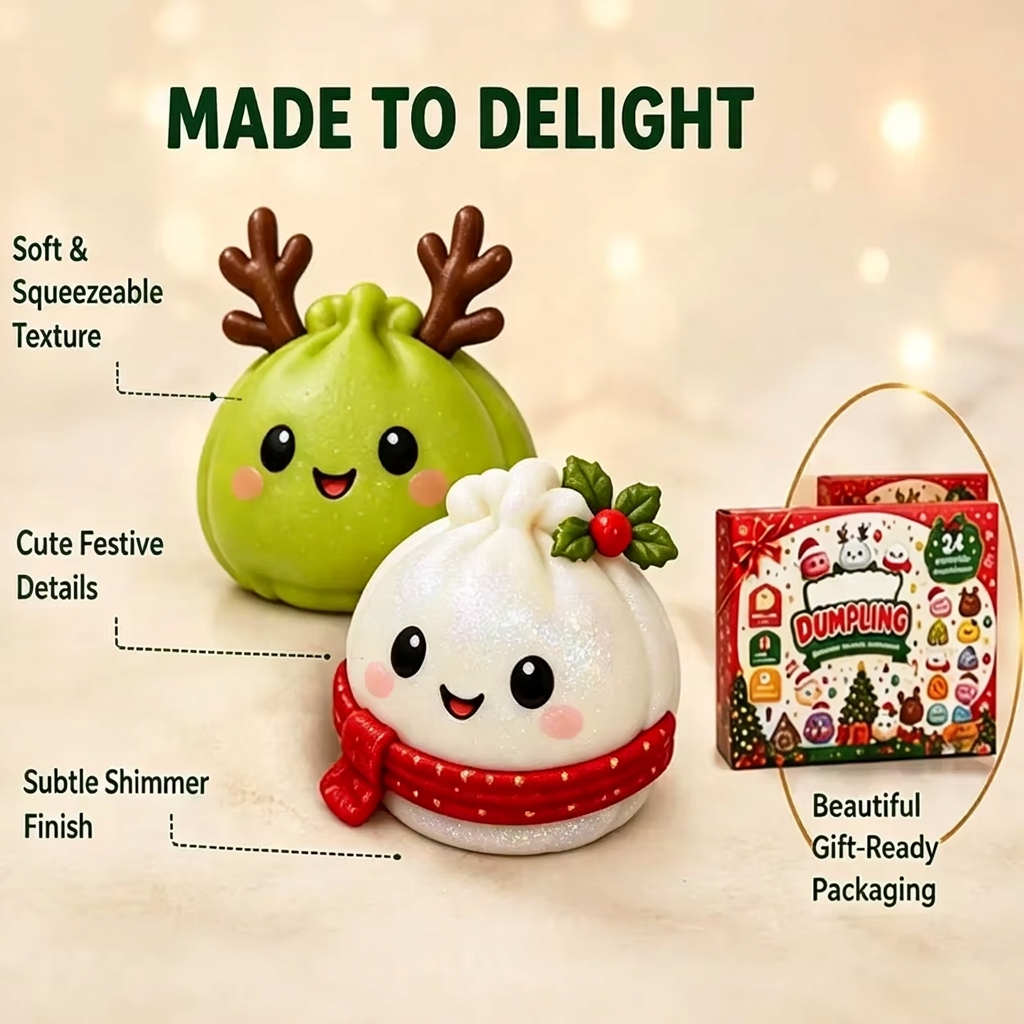 Close-up of reindeer and snowman dumpling squishies with the gift box