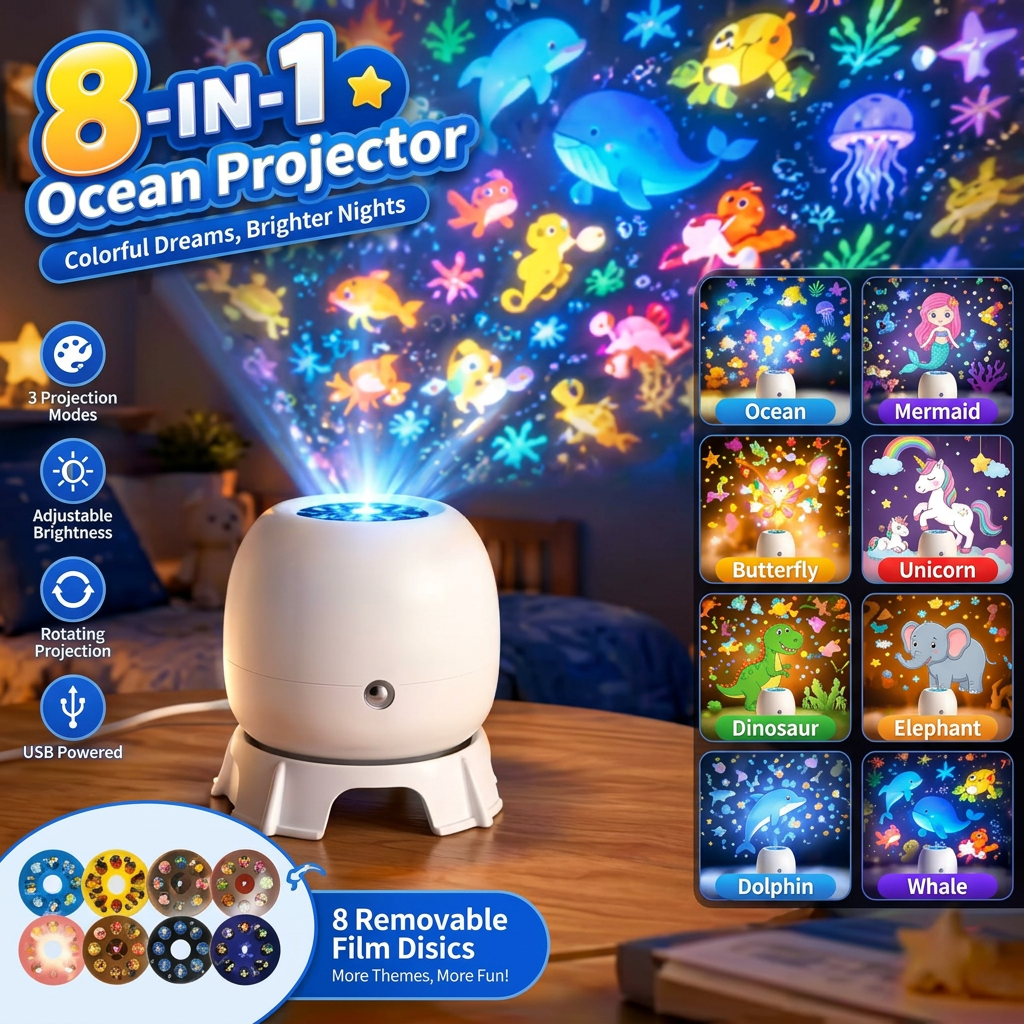 8-in-1 ocean projector night light with 8 removable pattern discs