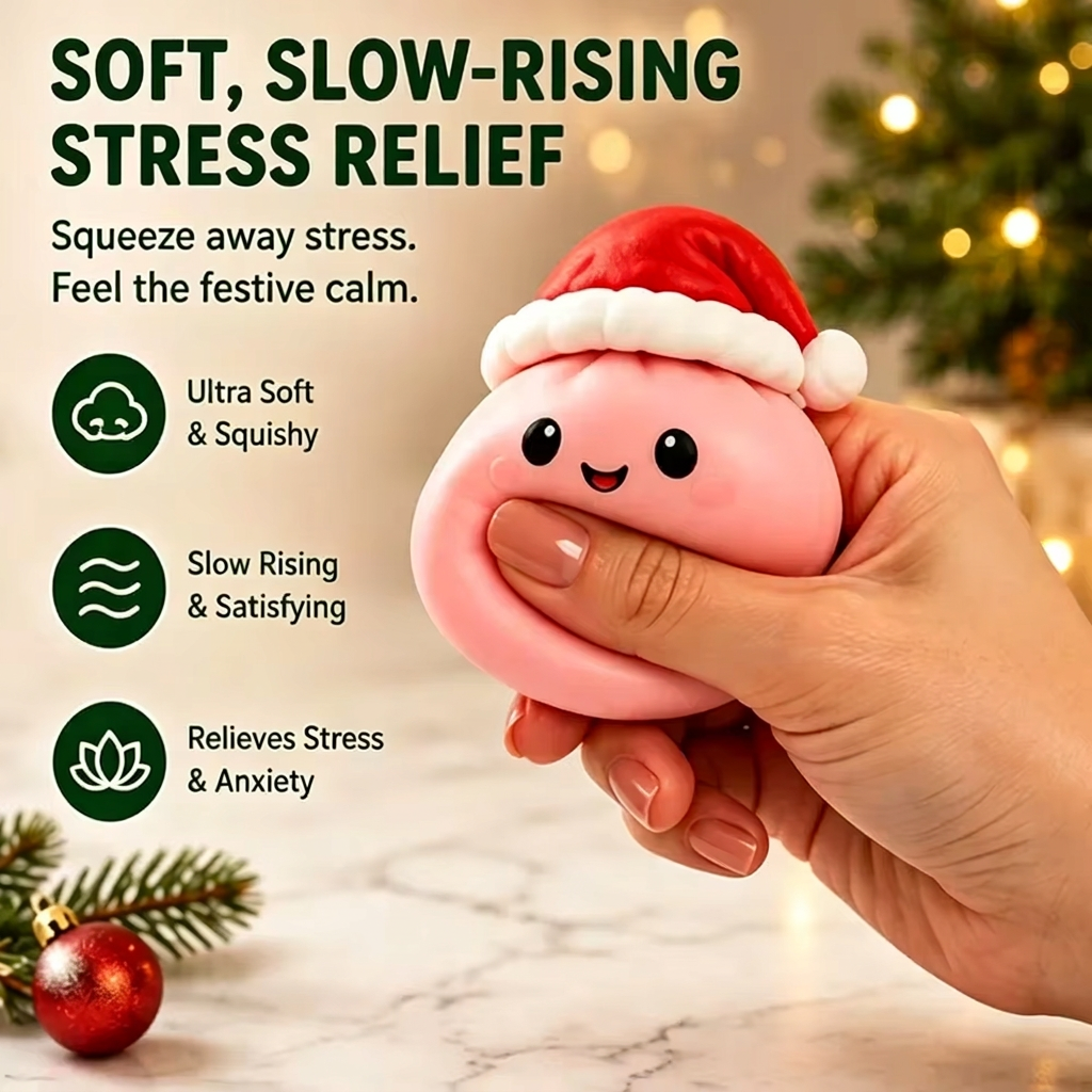 Hand squeezing a pink Santa-hat dumpling squishy