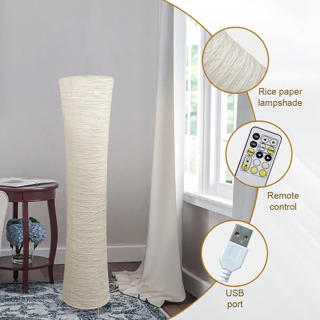 Rice paper floor lamp with close-ups of the paper shade, remote control and USB plug
