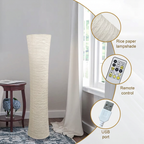 Rice paper floor lamp with close-ups of the paper shade, remote control and USB plug