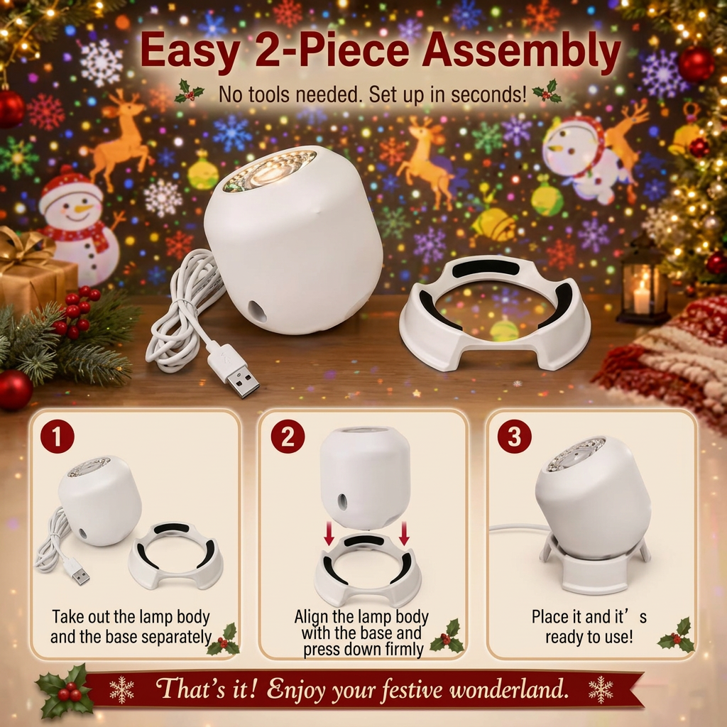 Easy 2-piece assembly of the LED projection night light and base