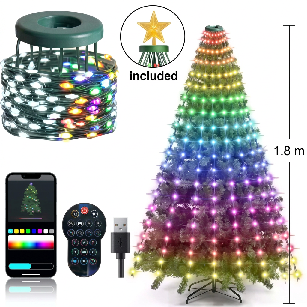 1.8 m smart RGB Christmas tree lights with star topper, 400 LEDs, size guide