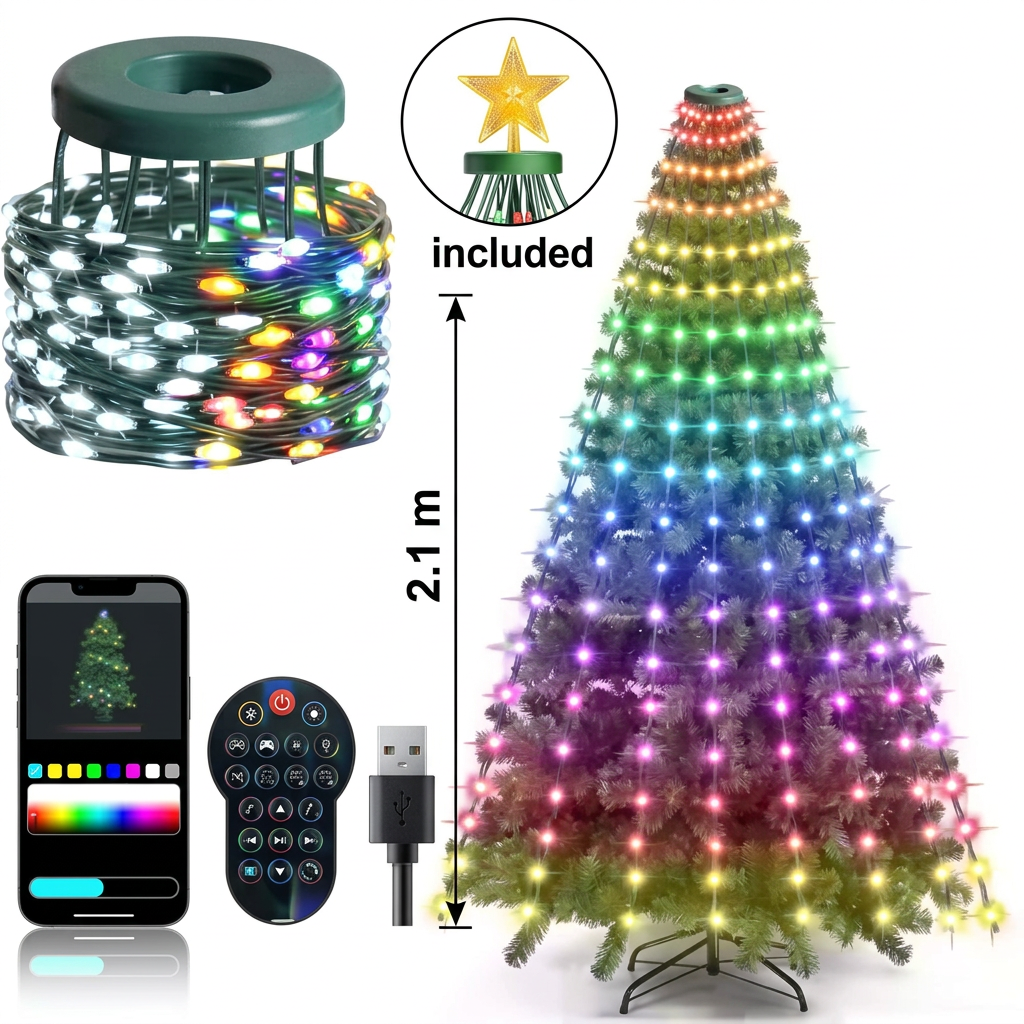2.1 m smart RGB Christmas tree lights with star topper, 400 LEDs, size guide