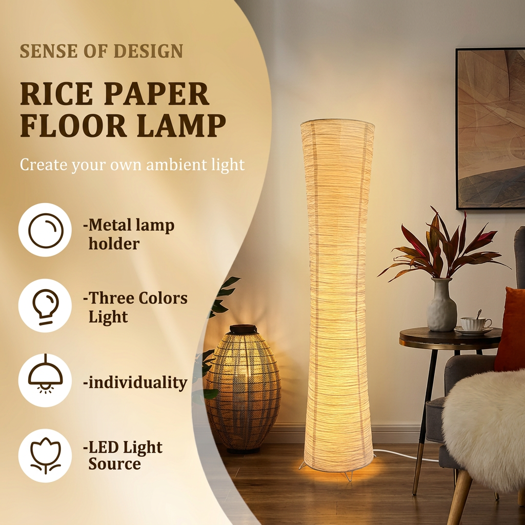 Rice paper floor lamp features: metal lamp holder, three light colours, LED light source