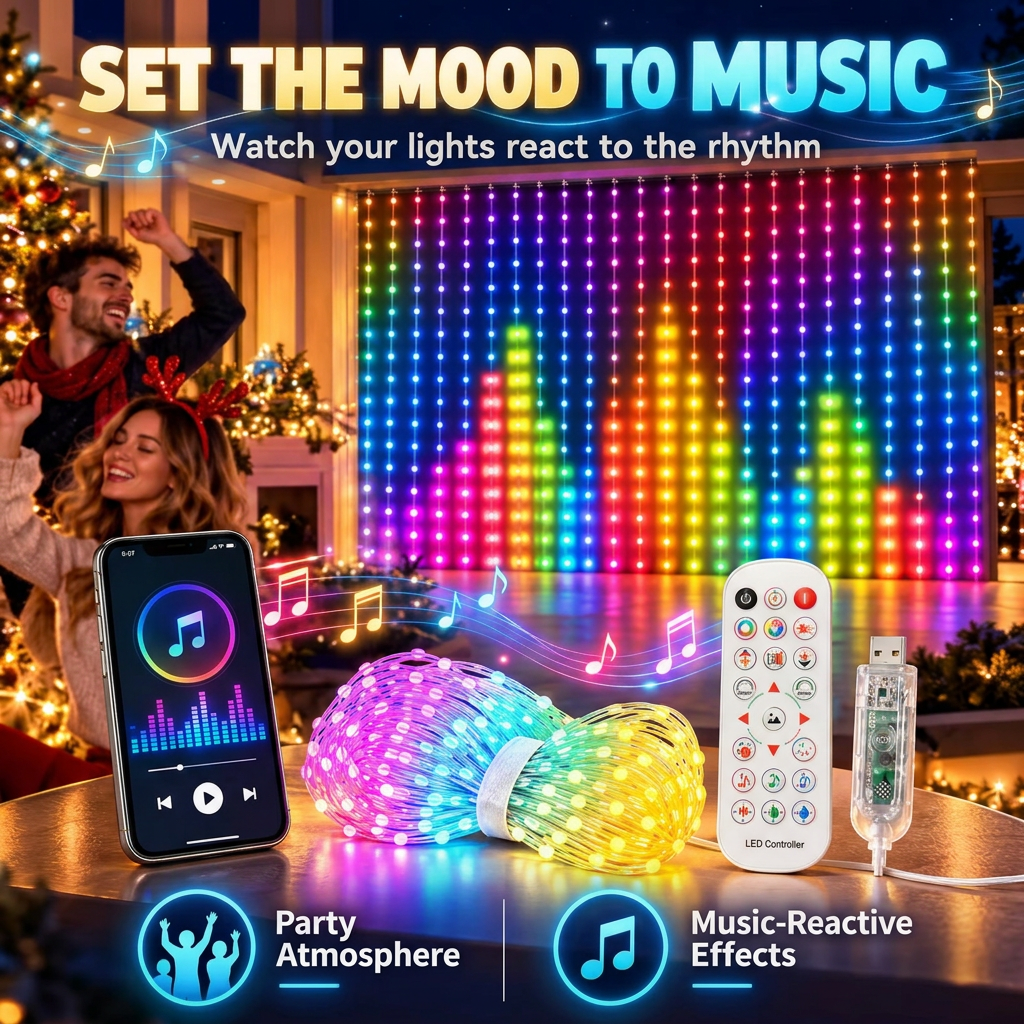 Music-reactive RGB curtain lights synced to music at a Christmas party