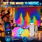 Music-reactive RGB curtain lights synced to music at a Christmas party