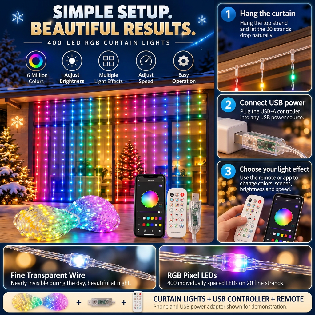 Easy-to-hang USB powered LED curtain lights
