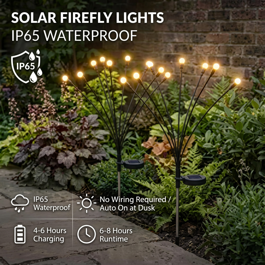 IP65 waterproof solar firefly lights in a flower border at night