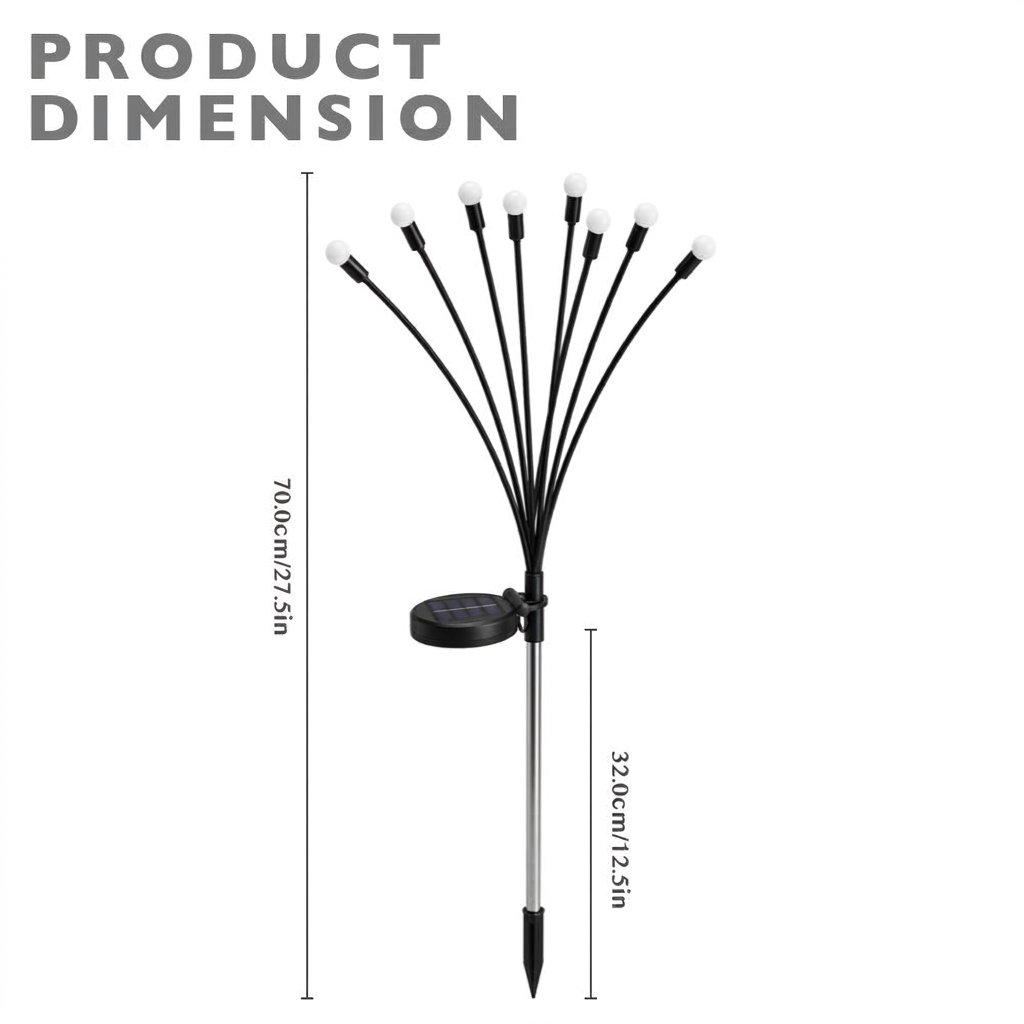 Solar firefly stake light dimensions – approx. 70 cm tall with 32 cm ground stake