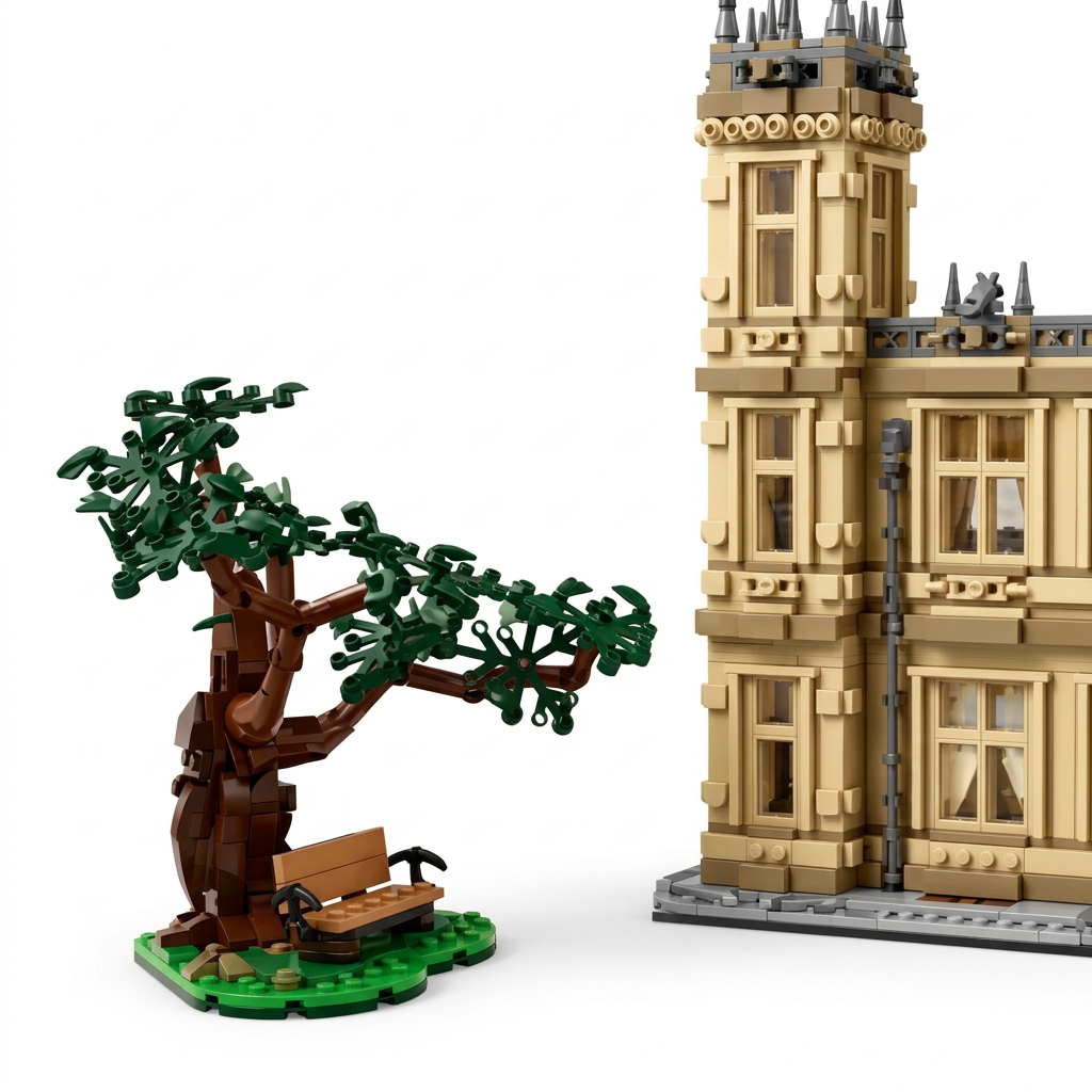 Close-up of the abbey tower and garden tree detail on the brick building set