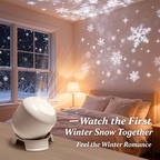 360° rotating LED projection night light projecting snowflakes in a cosy winter bedroom