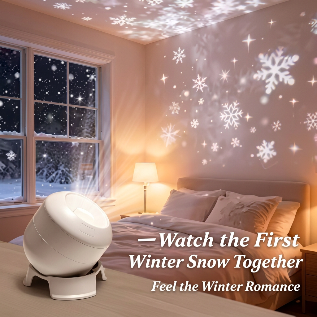 360° rotating LED projection night light projecting snowflakes in a cosy winter bedroom